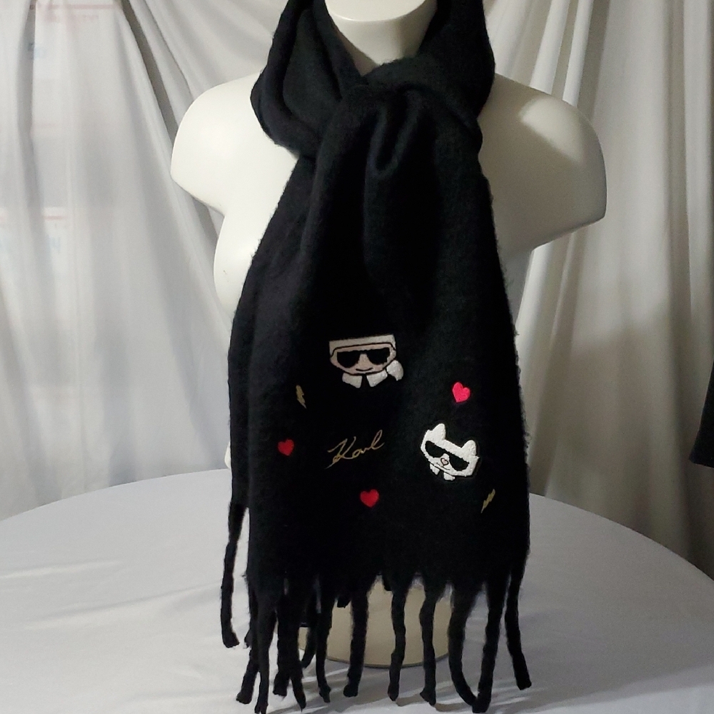 Karl Lagerfeld Paris NWT Soft Black Embroidered Icons Fringe Scarf OS